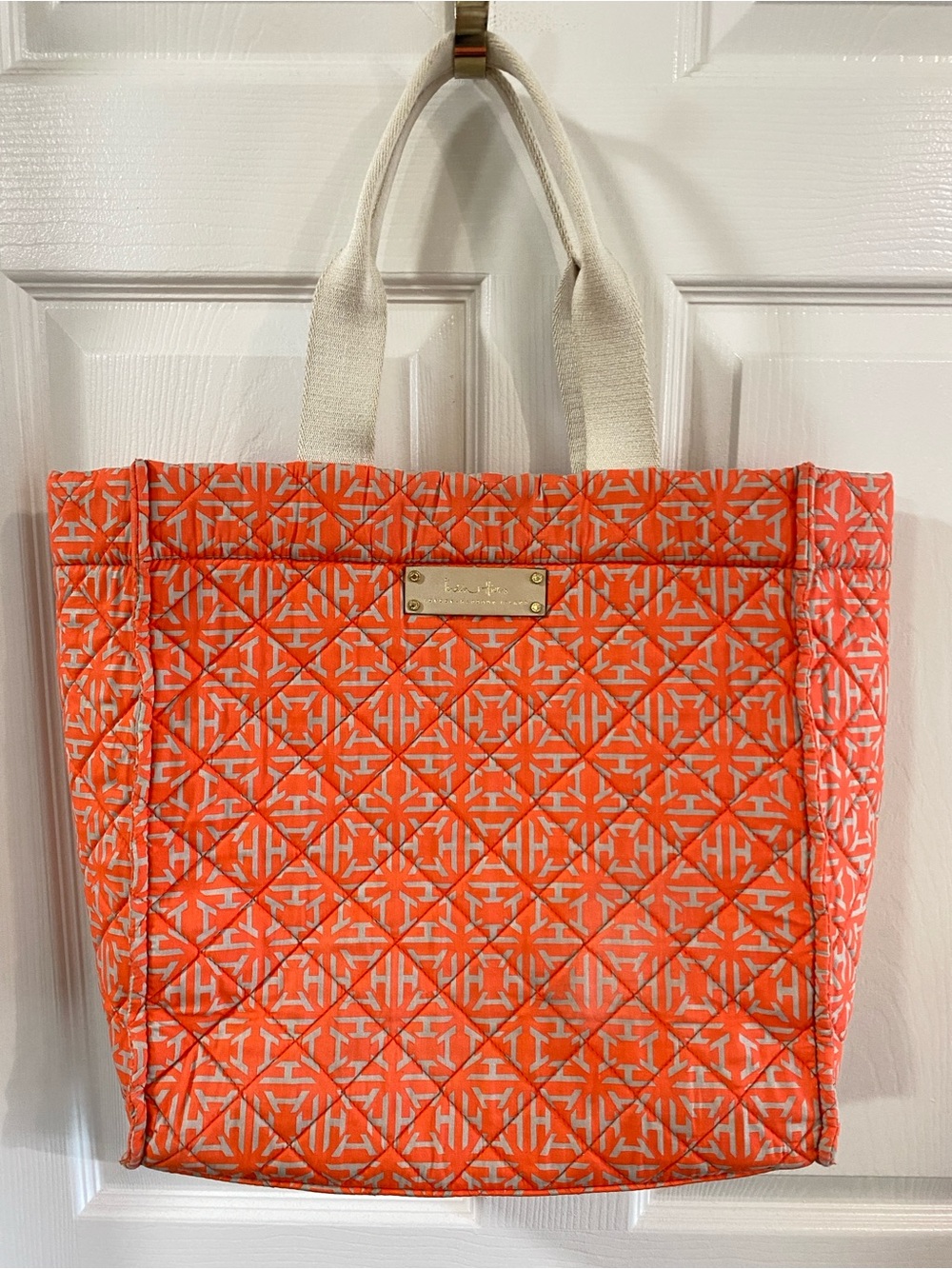 India Hicks Biscayne Quilted Orange XL Tote Cream Handles Luxury Vacation Summer